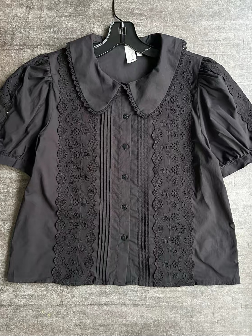 Joie Black Cotton Eyelet Lace Peter Pan Collar Blouse Size M